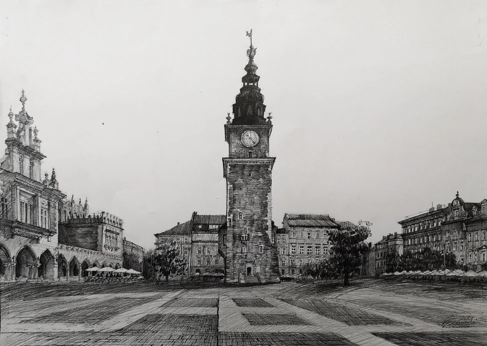 Rynek Główny Kraków Wieża Ratusza Rysunek Ołówkiem