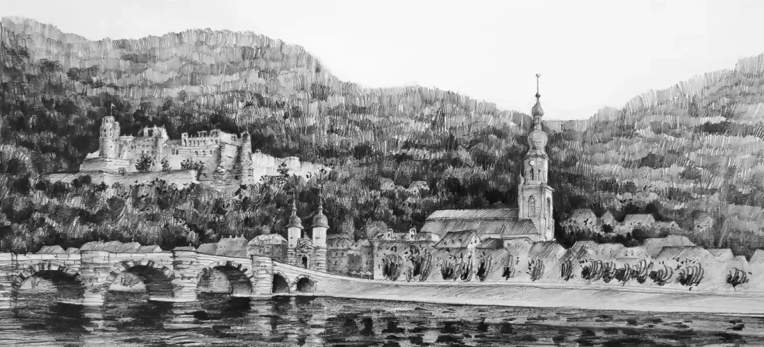 Altstadt Heidelberg Panorama Filip Kozieradzki 2019 rysunek ołówkiem